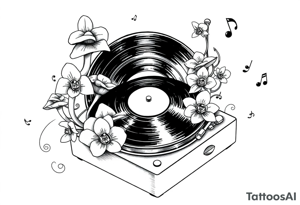 vinyl record player with mushrooms, orchids, and music notes around it tattoo idea