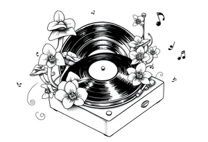 vinyl record player with mushrooms, orchids, and music notes around it tattoo idea
