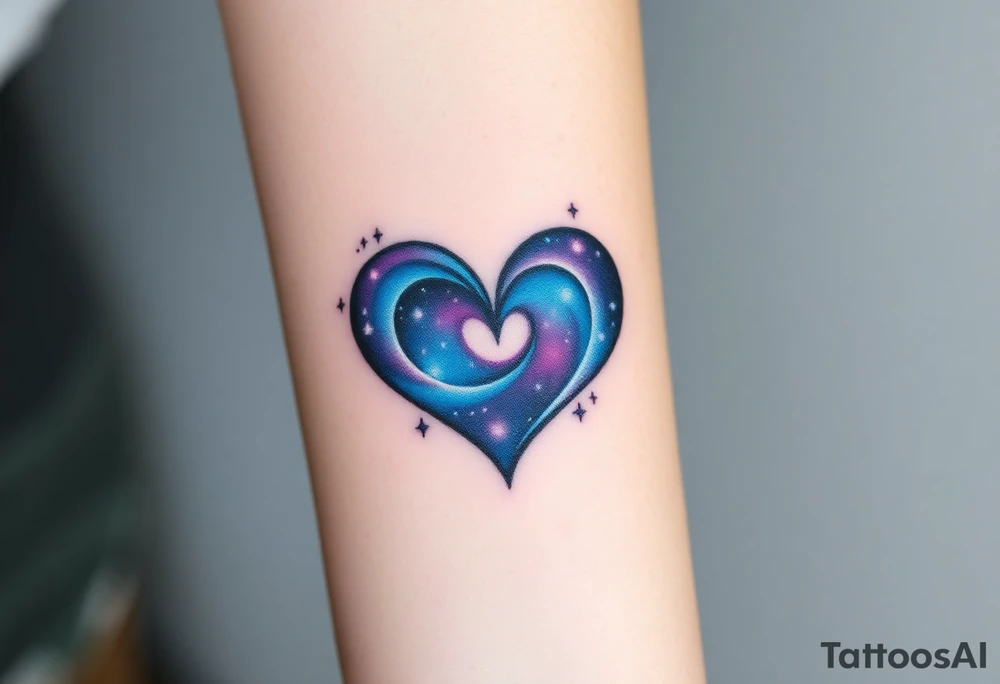 Full infinity symbol with a heart made of swirling galaxy patterns, featuring deep blues, purples, and subtle stardust tattoo idea