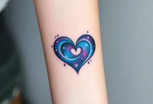 Full infinity symbol with a heart made of swirling galaxy patterns, featuring deep blues, purples, and subtle stardust tattoo idea