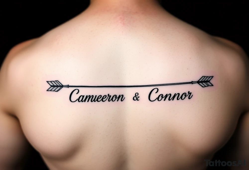 two feminine fine line bow arrows one with the name Cameron and the other with the name Connor tattoo idea