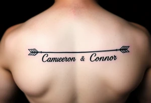 two feminine fine line bow arrows one with the name Cameron and the other with the name Connor tattoo idea