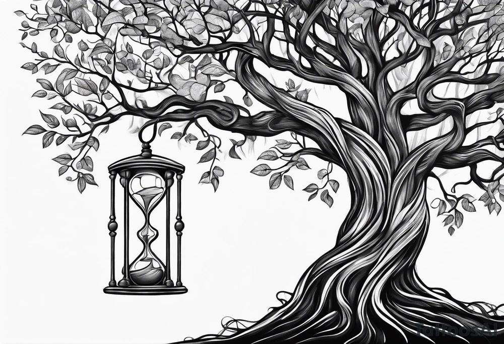 tattoo drawing of a tree with the roots coming out of a hour glass tattoo idea