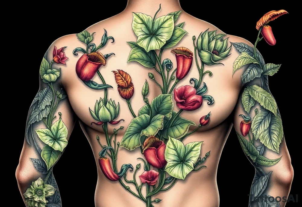 carnivorous plants neck, chest, back, and arm sleeves
I want these spots covered in these plants, ranging from venus fly traps to others
Make it masculine looking, I want it to look kinda like a plant guide book tattoo idea