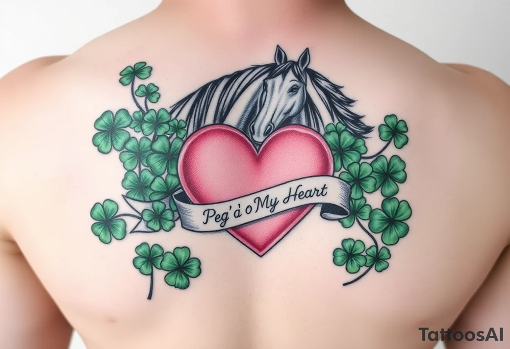 A lot of green shamrocks & a horse with a big Pink heart and a banner across the heart that says Peg 'o My Heart tattoo idea