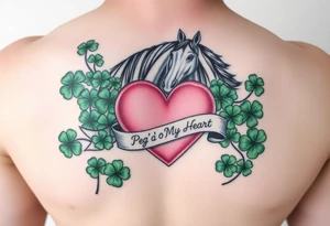 A lot of green shamrocks & a horse with a big Pink heart and a banner across the heart that says Peg 'o My Heart tattoo idea