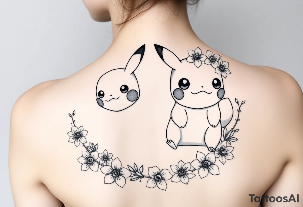 Pikachu and Bulbasaur together surrounded by a flower crown made up of daffodils and narcissus flowers tattoo idea