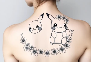 Pikachu and Bulbasaur together surrounded by a flower crown made up of daffodils and narcissus flowers tattoo idea