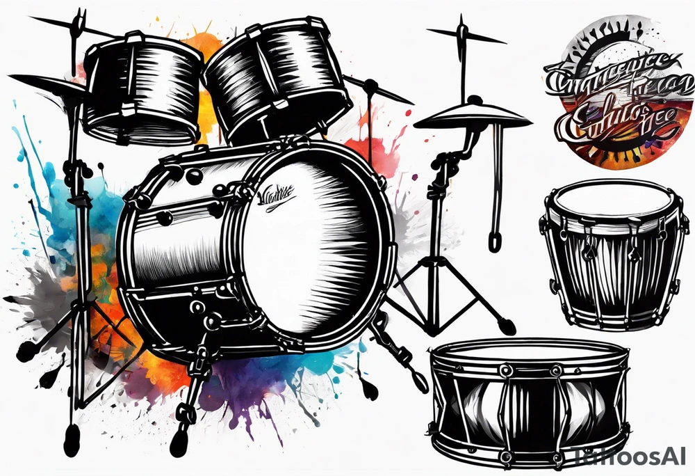 Stylized drums with sticks crossing over them, and a burst effect in the background to represent the energy of playing. tattoo idea