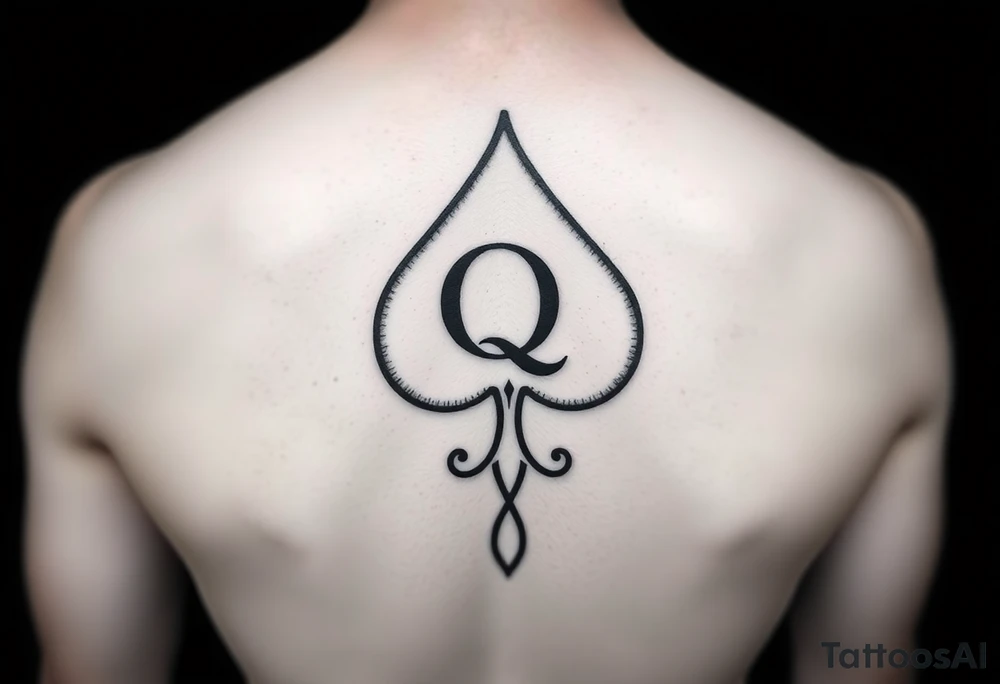 A spade womb tattoo with a Q in the center, with three points around the outside. The first reading, "BLACK". The second reading, "SEED". The third reading, "ONLY". A tail at the bottom of the spade. tattoo idea