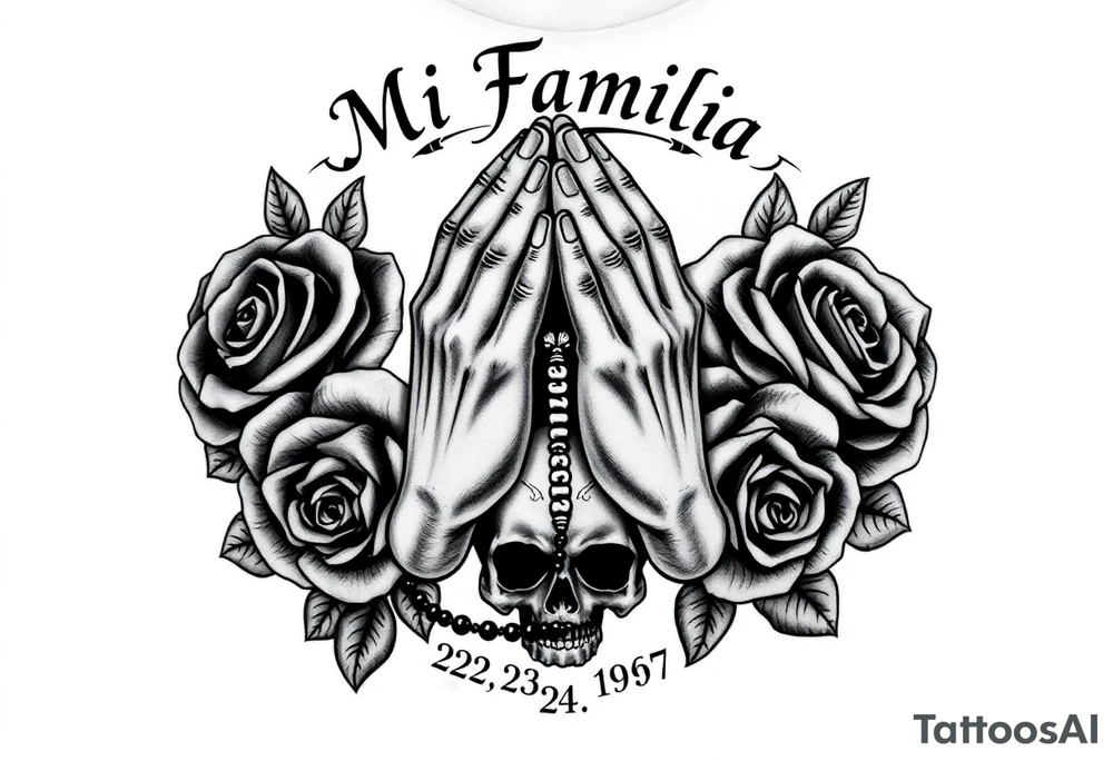 Black and grey gang style tattoo design. Centered praying hands with a rosary, surrounded by three realistic roses. Above the hands, gothic text saying 'Mi Familia'. Below each rose, a date in this order: '23.06.1980', '30.12.1946', '07.04.1979'. Add a crowned skull subtly in the background, symbolizing loyalty after death. Chicano tattoo style, fine shading, no color tattoo idea