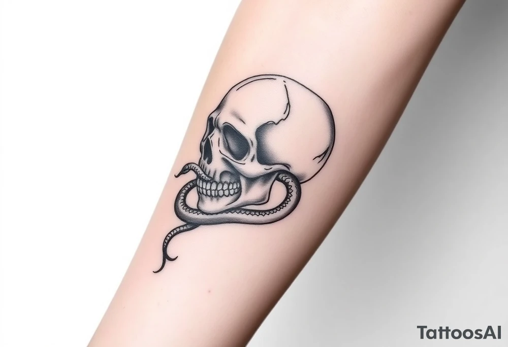 A hyper-realistic Dark Mark, with the snake slithering out of the skull’s mouth, coiled in a hypnotic pose tattoo idea