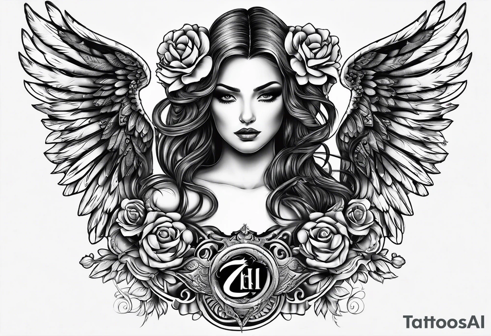 Tattooed Angel with The name « Leah » is written in gothic letters. The style is like the Mexican style tattoo idea