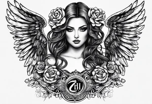 Tattooed Angel with The name « Leah » is written in gothic letters. The style is like the Mexican style tattoo idea