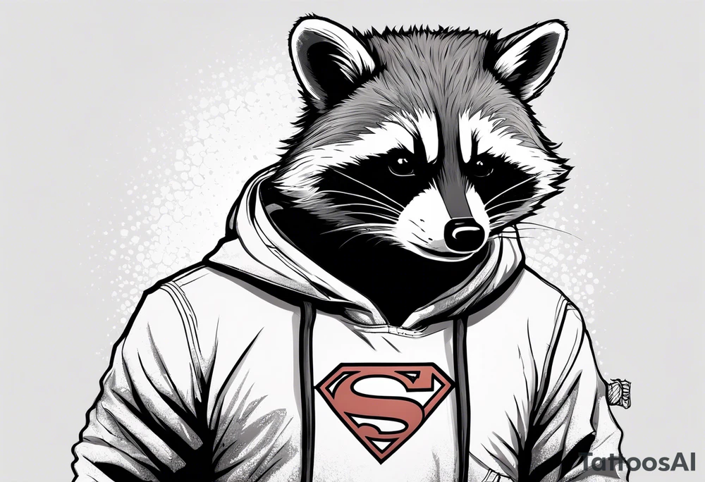 raccoon wearing a Superman hoodie tattoo idea