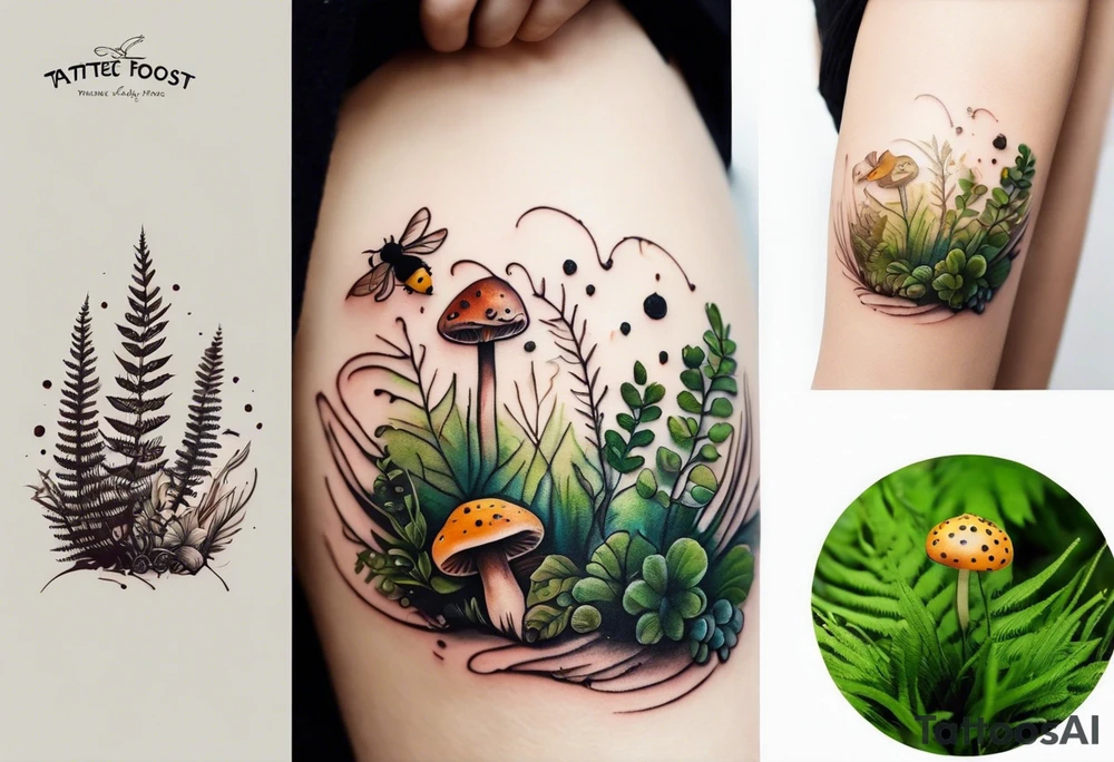 minimalistic forest floor inspired tattoo, which includes grass, moss, curly ferns and dead leaves as the bulk of the tattoo. details to include: forest berries, couple of very small brown mushrooms, a tiny bumblebee flying nearby tattoo idea