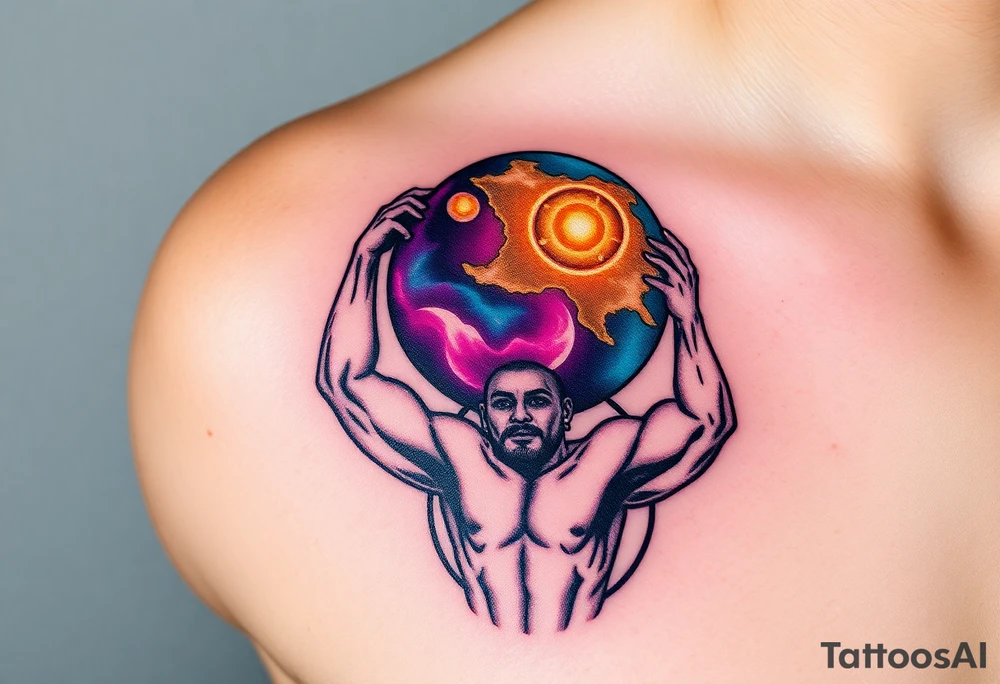 A powerful Atlas holding the celestial sphere, his muscles straining under a galaxy-filled globe in shades of deep purples, blues, and shimmering gold tattoo idea