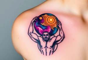 A powerful Atlas holding the celestial sphere, his muscles straining under a galaxy-filled globe in shades of deep purples, blues, and shimmering gold tattoo idea