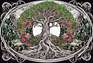 The deity Pan is entwined in a tree which is a portal in a other dimension. Not symmetrical tattoo idea