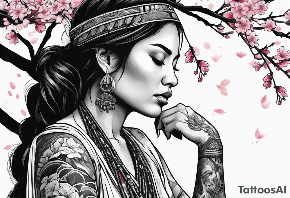 Native American woman wrapped by cherry blossom tree with praying hands tattoo idea