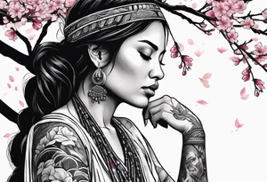Native American woman wrapped by cherry blossom tree with praying hands tattoo idea