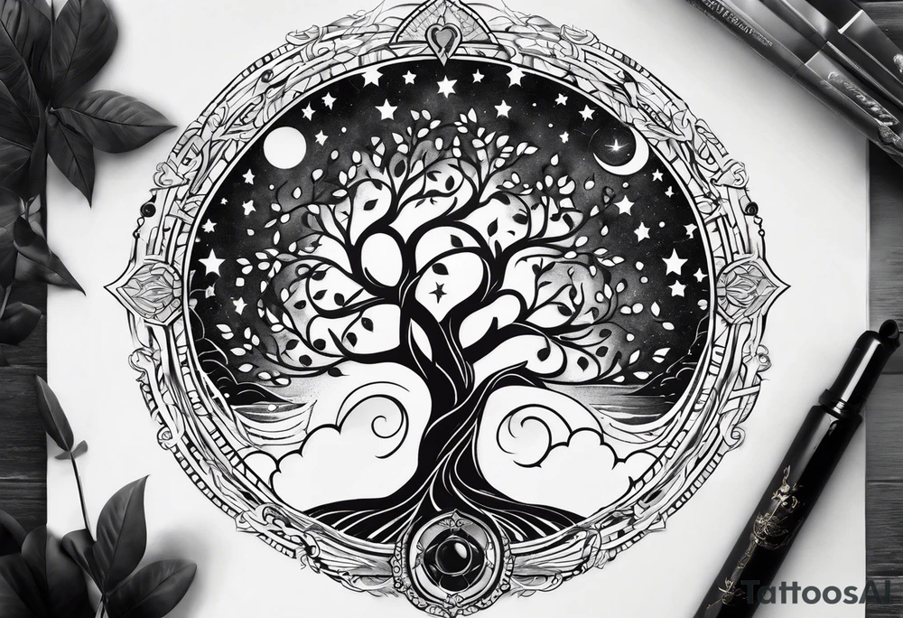 spiritual feminine tattoo for sleeve without faces, just sun and moon, tree of life and powerful symbols tattoo idea