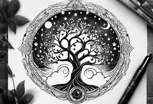 spiritual feminine tattoo for sleeve without faces, just sun and moon, tree of life and powerful symbols tattoo idea