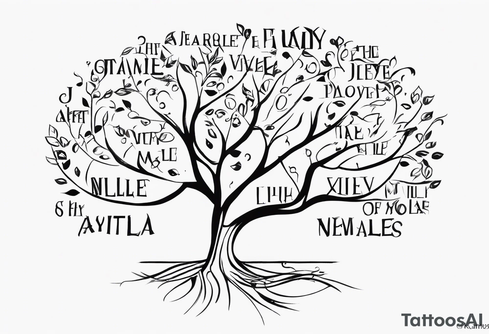 A family tree of  names Larry , J'Mille , Orenzo , Kameron , Kaleb Chance, K'Mia London , Brooklyn , Jayla , Violet tattoo idea