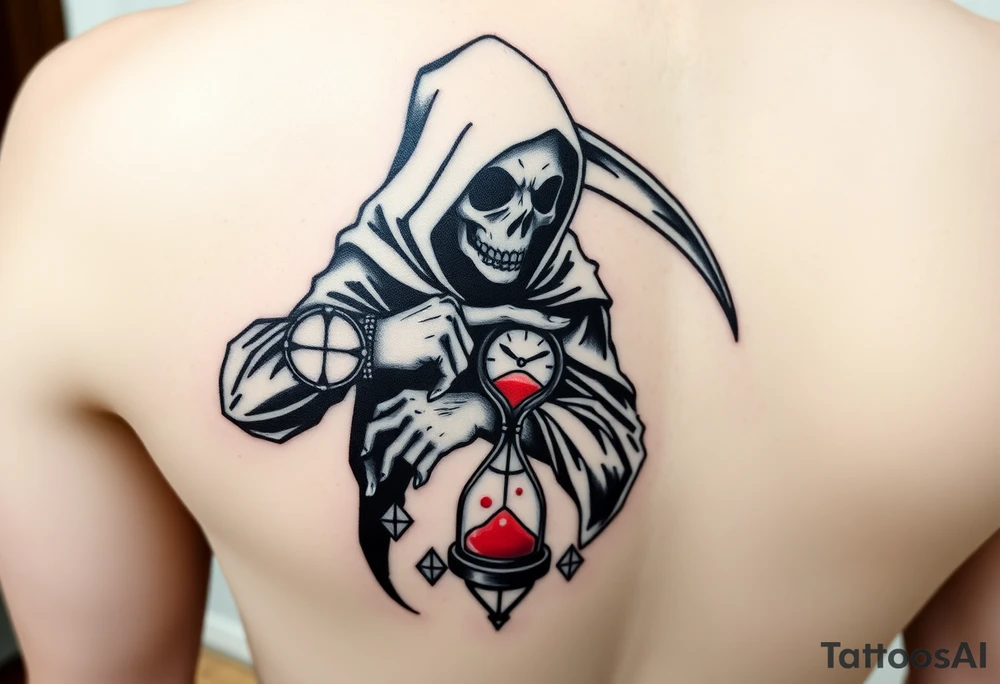 Simple grim reaper looking at a watch on his wrist with a hourglass with red sand and diamond geometric shapes for the thigh tattoo idea