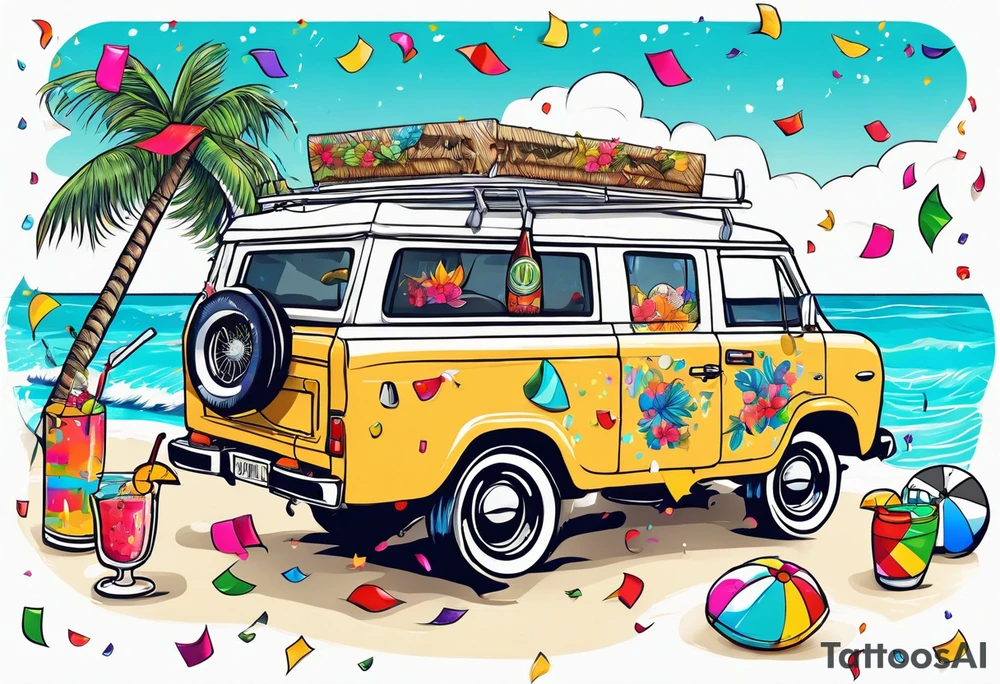 SURFING SAFARI BEACH PARTY WITH CONFETTI AND MUSIC NOTES, TROPICAL DRINKS, SEXY BIKINIS tattoo idea