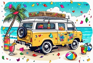 SURFING SAFARI BEACH PARTY WITH CONFETTI AND MUSIC NOTES, TROPICAL DRINKS, SEXY BIKINIS tattoo idea