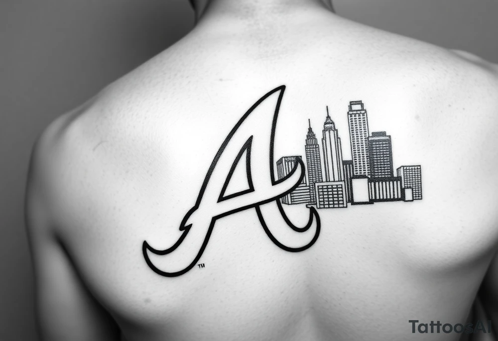 Atlanta Braves letter logo “A” overlapping the Atlanta skyline in the back on the right. The buildings as concise and jam packed parallel the logo. tattoo idea
