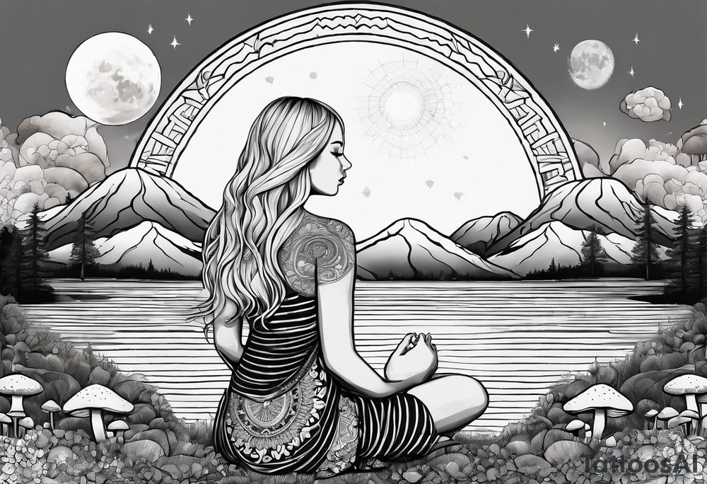 Straight blonde hair girl meditating facing away toward mountains surrounded by mushrooms crescent moon mandala circular design black and white striped dress tattoo idea