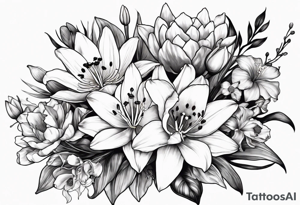 A bouquet of flowers with a water lily, gladiolus, poppy, lily of the valley, daffodil, and a honey suckle with long stems tattoo idea