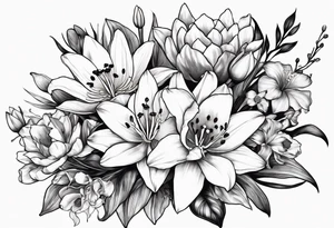 A bouquet of flowers with a water lily, gladiolus, poppy, lily of the valley, daffodil, and a honey suckle with long stems tattoo idea