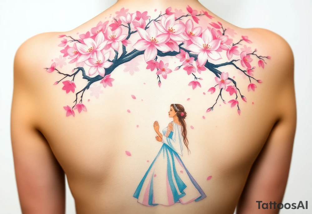 A watercolor-style bride and groom dancing under a soft pink cherry blossom tree, with delicate petals falling around them tattoo idea