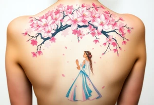 A watercolor-style bride and groom dancing under a soft pink cherry blossom tree, with delicate petals falling around them tattoo idea
