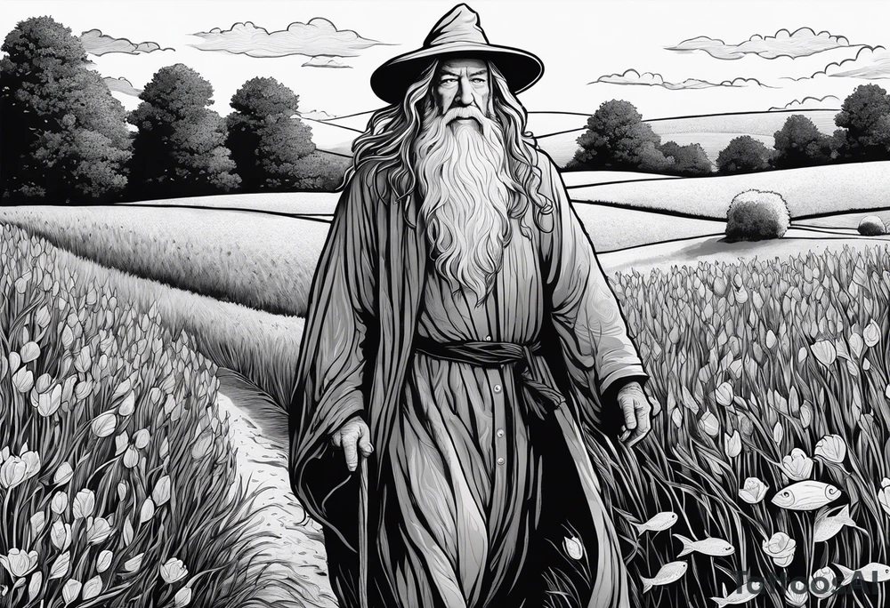 gandalf walking into a field made out of fish tattoo idea