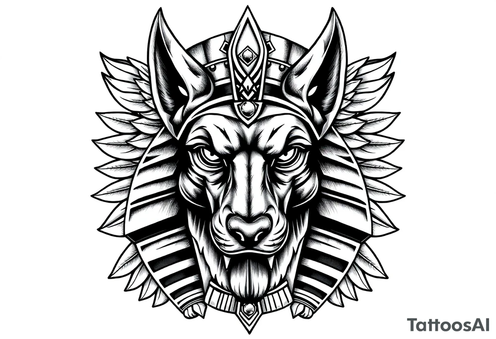 Egyptian Anubis god face muscle in Egypt style  with mantle on head with empty eyes 

dog face surrounded Egyptian symbols based on elements tattoo idea
