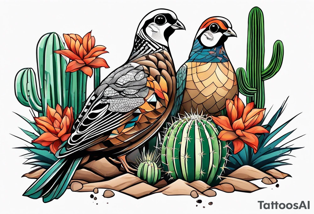 Three quails, desert flowers, cactus, ocotillo, forearm tattoo idea