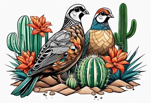 Three quails, desert flowers, cactus, ocotillo, forearm tattoo idea