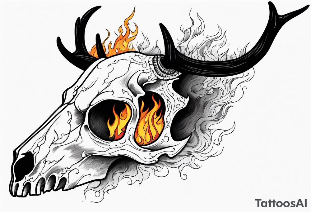 Halloween side view of a DECAYING deer skull JUST BONE surrounded by a flames in background tattoo idea
