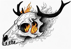 Halloween side view of a DECAYING deer skull JUST BONE surrounded by a flames in background tattoo idea