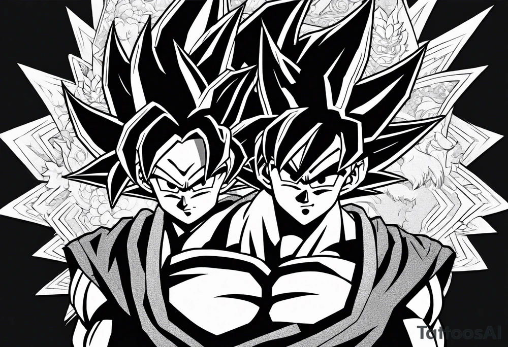Son-Goku as a super saiyajin . A huge dragonball surrounds the whole scenery. Gokus friends are surrounding him as shadows tattoo idea