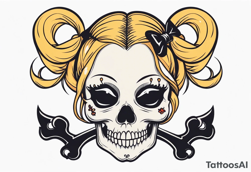 feminine skull  with hair in two blonde pigtails and crossbones underneath tattoo idea