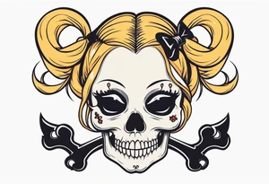 feminine skull  with hair in two blonde pigtails and crossbones underneath tattoo idea