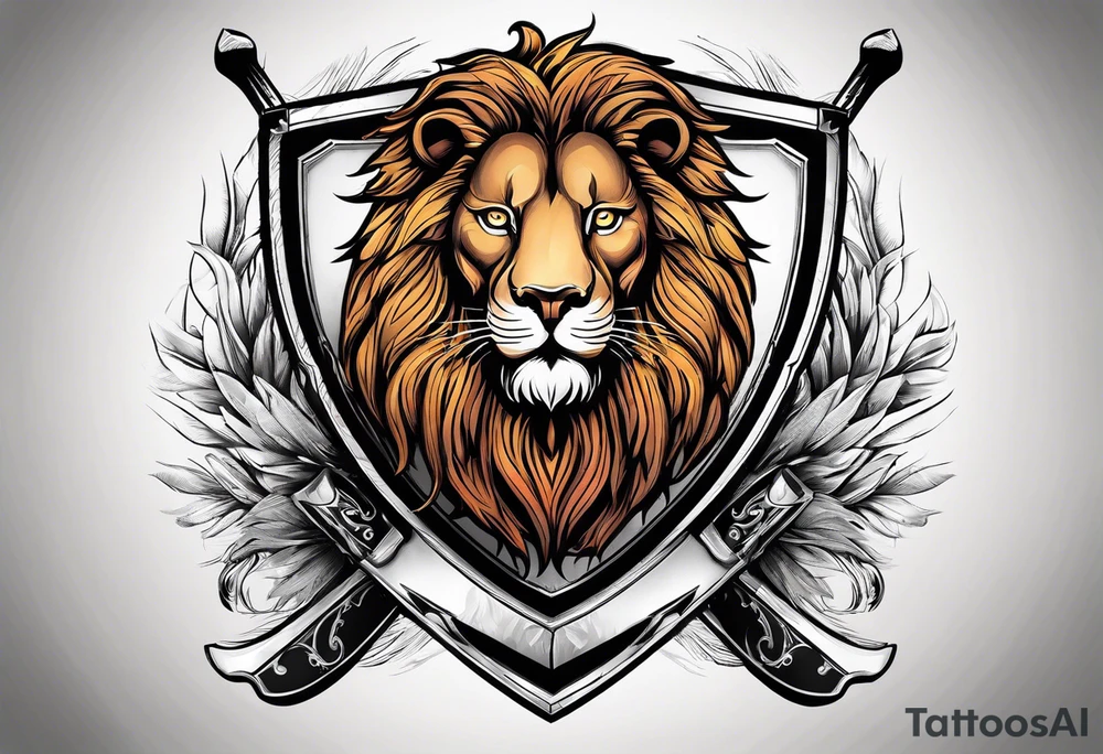Epic shield with skis crossed behind it and a lion tattoo idea