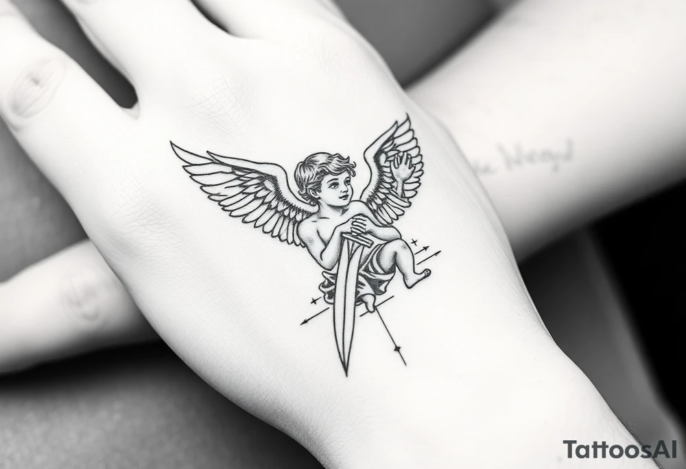 Cherub with flaming sword hand tattoo tattoo idea