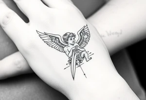 Cherub with flaming sword hand tattoo tattoo idea