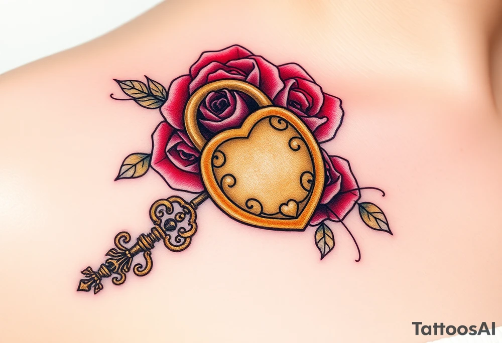 A rose-covered golden lock with a floral-shaped key lying nearby the lock, with vines wrapping gently around them tattoo idea